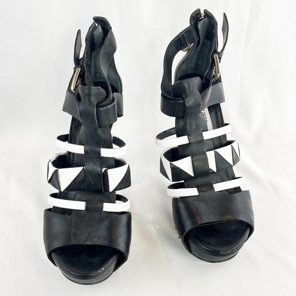 Guess Black / White  Geo + Gold Studs High Heel Cage Platform Stilettos - Picture 2 of 6